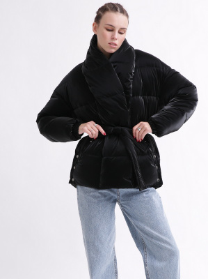 Зимова жіноча куртка з поясом колір чорний 37572, Колір: Чорний, Розмір: S