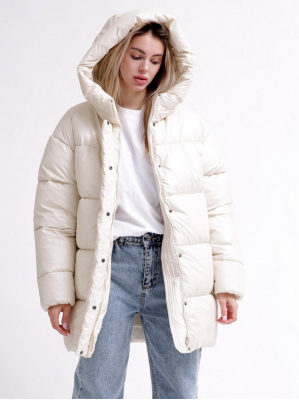 Женский бежевый пуховик с поясом 55677, Цвет: Бежевый, Размер: L, изображение 5