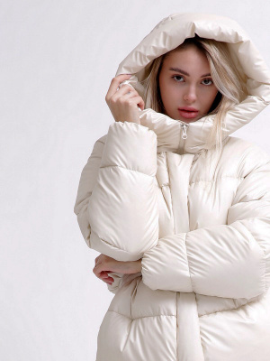 Женский бежевый пуховик с поясом 55677, Цвет: Бежевый, Размер: L, изображение 2