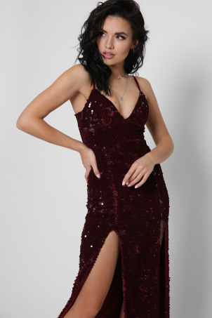 Елегантна сукня в паєтках з глибокими розрізами 36348, Колір: Бургунді, Розмір: L, зображення 4