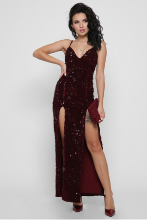 Елегантна сукня в паєтках з глибокими розрізами 36348, Колір: Бургунді, Розмір: L, зображення 2