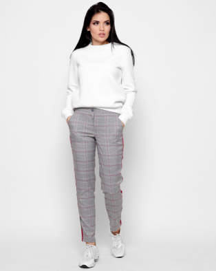 Серые брюки в клетку с лампасами 32821, Цвет: Серый, Размер: XS