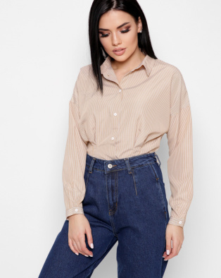 Полосатая приталенная рубашка цвет бежевый 36594, Цвет: Бежевый, Размер: XS
