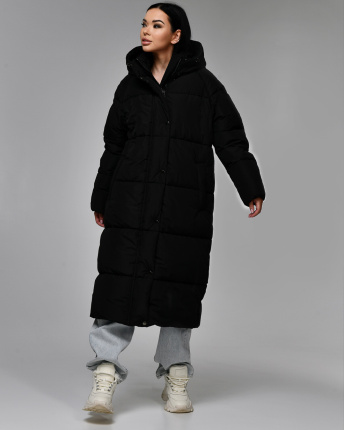 Довгий чорний жіночий пуховик 55652, Колір: Чорний, Розмір: L