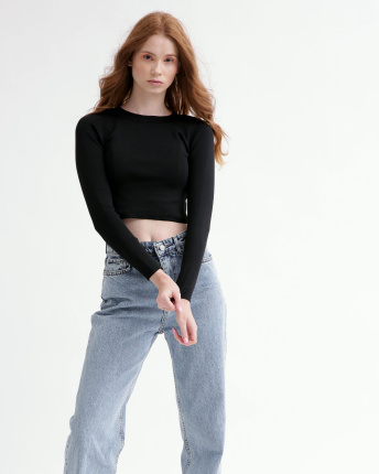 Трикотажный черный кроп-топ 55793, Цвет: Черный, Размер: ONE SIZE