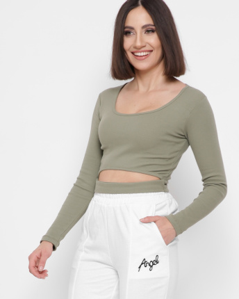 Облегающий топ хаки с длинным рукавом 43289, Цвет: Хаки, Размер: S