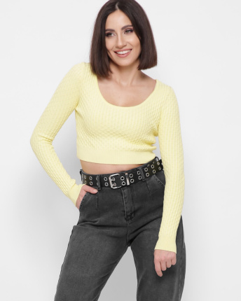 Вязаный желтый топ с длинными рукавами 43340, Цвет: Жёлтый, Размер: ONE SIZE
