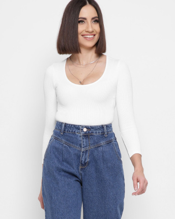 Белый облегающий топ с длинными рукавами 43341, Цвет: Молочний, Размер: M-L