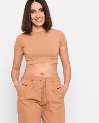 Бежевый облегающий топ-футболка 43345, Цвет: Бежевый, Размер: S