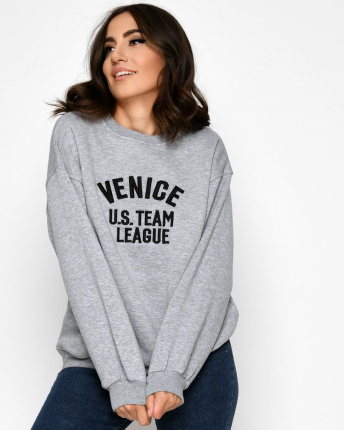 Теплый серый свитшот на флисе с вышивкой "Venice" 52338, Цвет: Серый, Размер: S