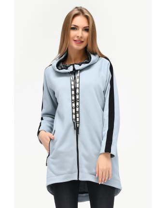 Удлиненная спортивная кофта с капюшоном и карманами цвет светло-серый 34571, Цвет: Голубой, Размер: XS