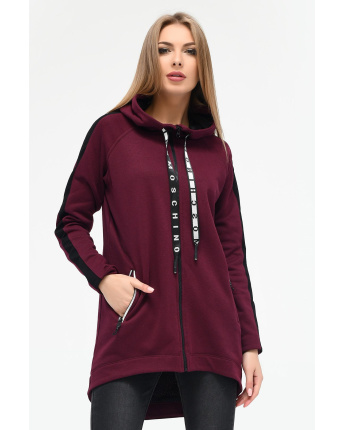 Удлиненная спортивная кофта с капюшоном и карманами цвет марсала 34573, Цвет: Бургунди, Размер: XS