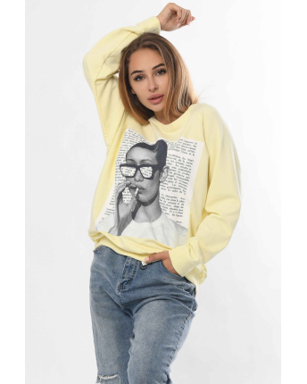 Желтый свитшот с газетной вырезкой «девушка с сигарой» 36309, Цвет: Жёлтый, Размер: XS