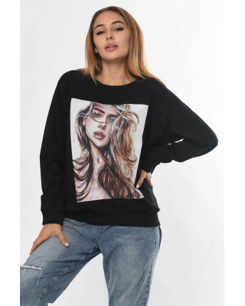 Черный свитшот – девушка с длинными волосами 36310, Цвет: Черный, Размер: XS