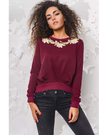 Стильный свитшот с нашивкой в ​​виде цветов 28691, Цвет: Бургунди, Размер: XS