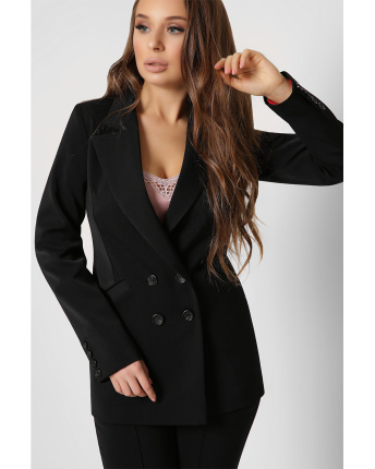 Длинный двухбортный пиджак с карманами цвет черный 36613, Цвет: Черный, Размер: S