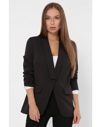 Удлиненный черный женский пиджак на пуговице 36018, Цвет: Черный, Размер: L