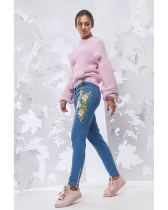 Стильные джинсы скинни с цветочной вышивкой 28968, Цвет: Голубой, Размер: XS