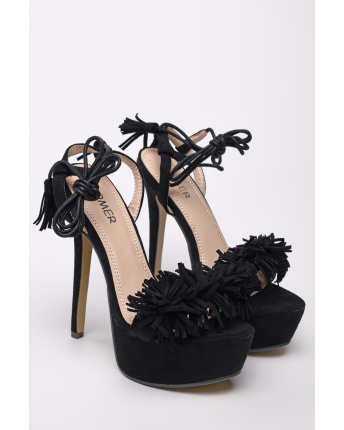 Женские черные босоножки с декоративной бахромой 35252, Цвет: Черный, Размер: 37