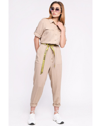Льняной бежевый комбинезон с поясом 35868, Цвет: Бежевый, Размер: XS