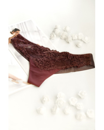 Трусики-стринги с кружевным поясом и бантиком 34877, Цвет: Бордовый, Размер: S