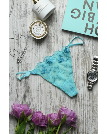 Женские трусики стринги с цветочной вышивкой 35168, Цвет: Голубой, Размер: S