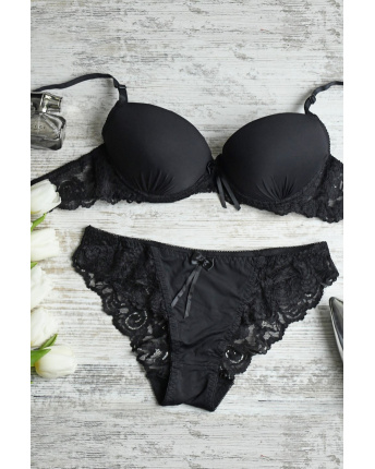 Черный комплект из микрофибры и кружева с пуш-ап эффектом 34796, Цвет: Черный, Размер: 85 B трусики XL