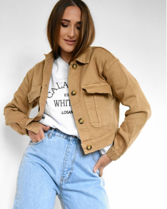 Коротка бежева джинсова куртка 55157, Колір: Бежевий, Розмір: S