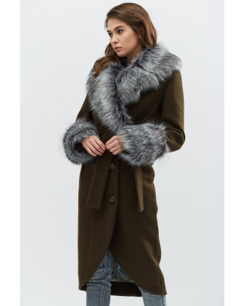 Зимове пальто з хутром чорнобурки кольору хакі 28025, Колір: Хакі, Розмір: XS