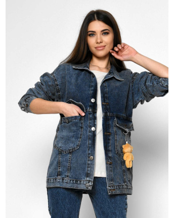Модна джинсова куртка з ведмедиком 55149, Колір: Джинс, Розмір: XS