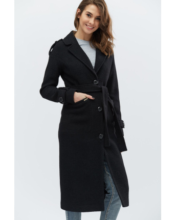 Чорне однотонне пальто з погонами 15569, Колір: Чорний, Розмір: M