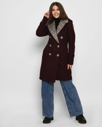 Пальто з коміром у клітинку кольору марсала 32512, Колір: Бургунді, Розмір: L