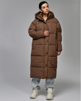 Довгий жіночий пуховик, колір капучино 55650, Колір: Коричневий, Розмір: M
