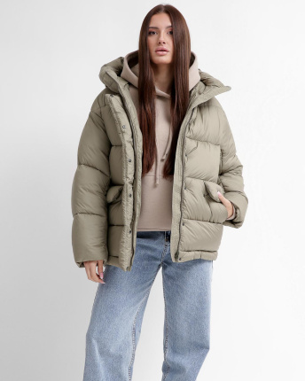 Зручний жіночий пуховик oversize, колір оливка 55845, Колір: Хакі, Розмір: L