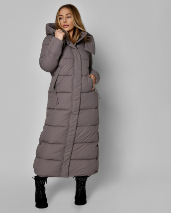 Жіночий довгий пуховик кольору мокко 56108, Колір: Капучино, Розмір: XS