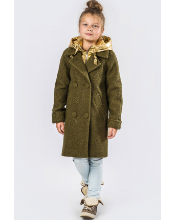 Детское двубортное пальто с лацканами цвета хаки-золото 33911, Цвет: Хаки, Размер: 122