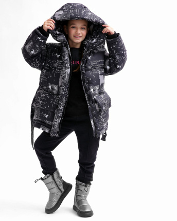 Чорний пуховик з поясом для дівчаток 55828, Колір: Чорний, Розмір: 116