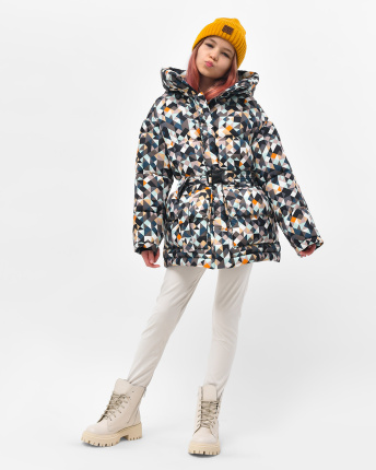 Різнокольоровий пуховик з поясом для дівчаток 55830, Колір: Мультиколор, Розмір: 116