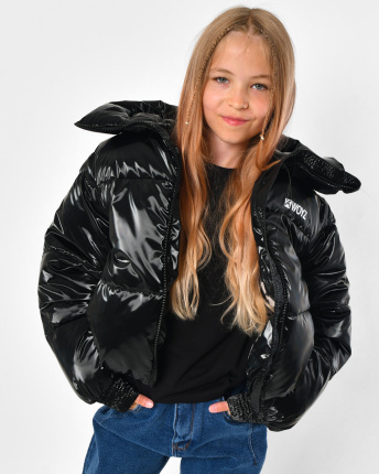 Чорний пуховик з глянцевим ефектом для дівчаток 56260, Колір: Чорний, Розмір: 128, зображення 2