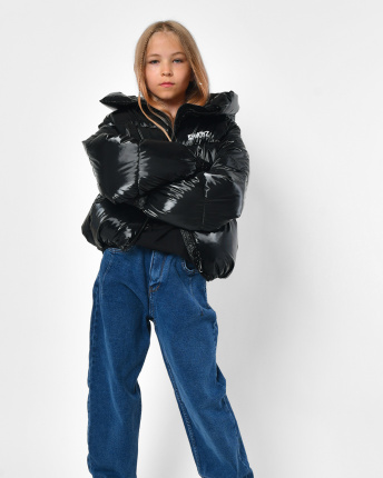 Чорний пуховик з глянцевим ефектом для дівчаток 56260, Колір: Чорний, Розмір: 128, зображення 4