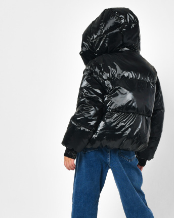 Чорний пуховик з глянцевим ефектом для дівчаток 56260, Колір: Чорний, Розмір: 128, зображення 5