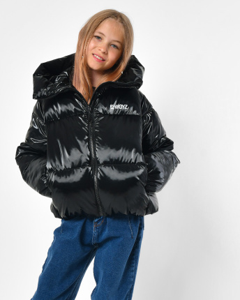 Чорний пуховик з глянцевим ефектом для дівчаток 56260, Колір: Чорний, Розмір: 128, зображення 6