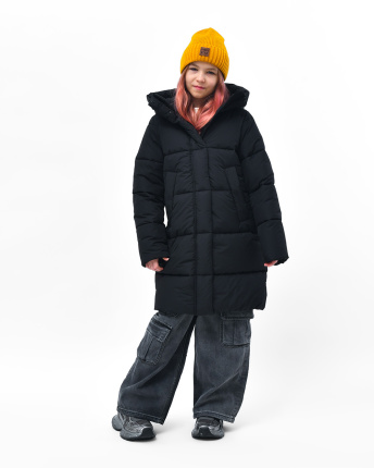 Зимний черный пуховик для девочки на экопухе 56151, Цвет: Черный, Размер: 128
