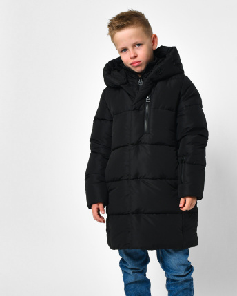 Длинный зимний черный пуховик с капюшоном для мальчика 56160, Цвет: Черный, Размер: 128