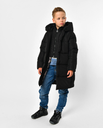 Длинный зимний черный пуховик с капюшоном для мальчика 56160, Цвет: Черный, Размер: 128, изображение 4