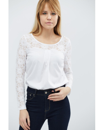 Белая блуза с гипюровыми рукавами 27442, Цвет: Белый, Размер: XS