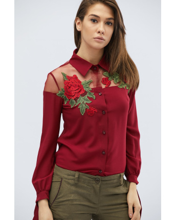Оригинальная блузка цвета марсала с цветочной нашивкой 27951, Цвет: Бургунди, Размер: S