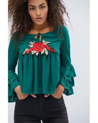 Изумрудная блузка с рюшами в этническом стиле 27952, Цвет: Смарагдовий, Размер: XS