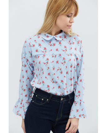Шифоновая голубая блуза в цветочек 27447, Цвет: Голубой, Размер: XS