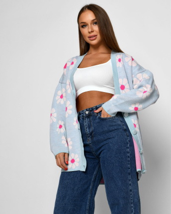 Жіночий кардиган з малюнком ромашки 52090, Колір: Блакитний, Розмір: ONE SIZE